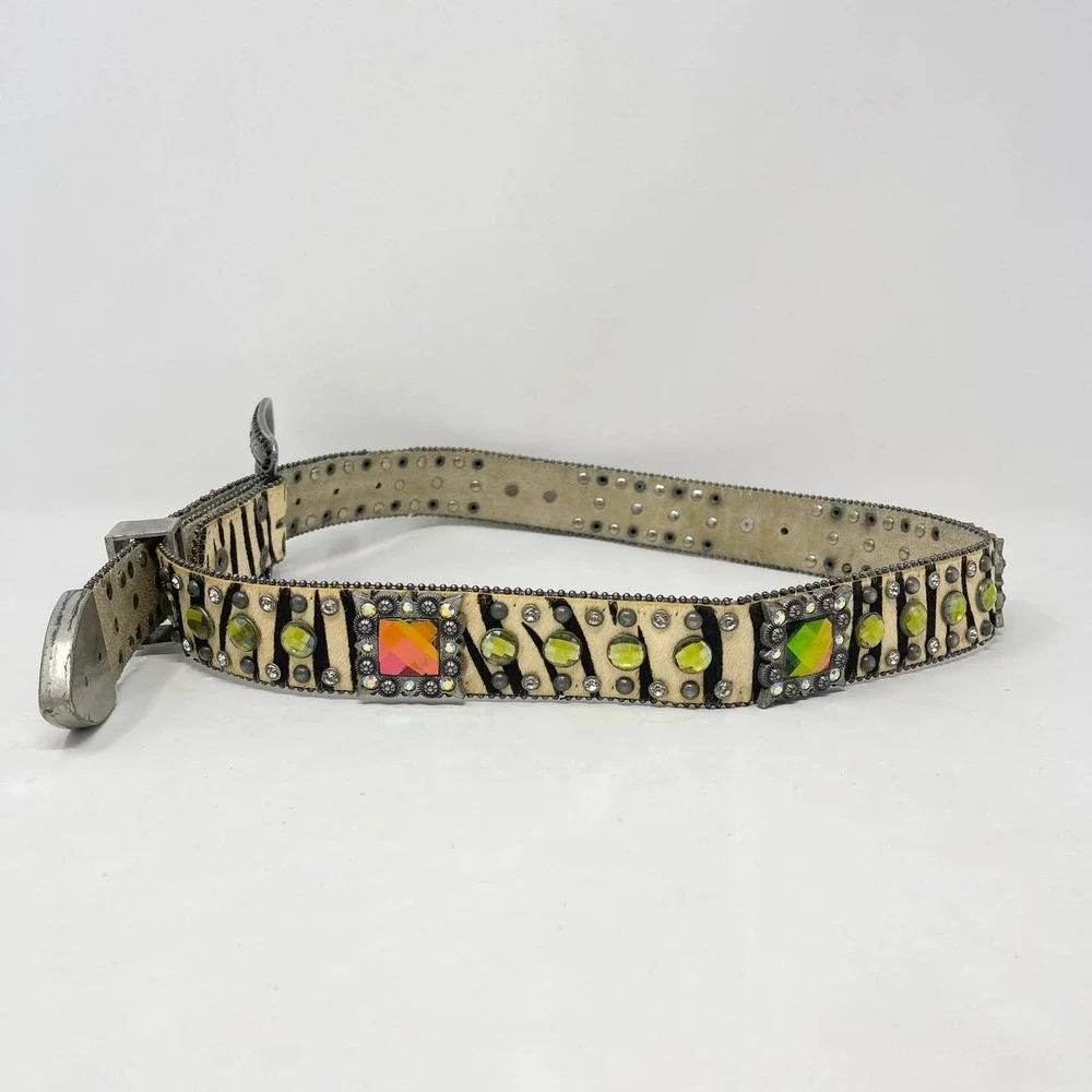 Nocona Western Belt Wms Large Leather Zebra Striped Rhinestone Bling Rodeo
